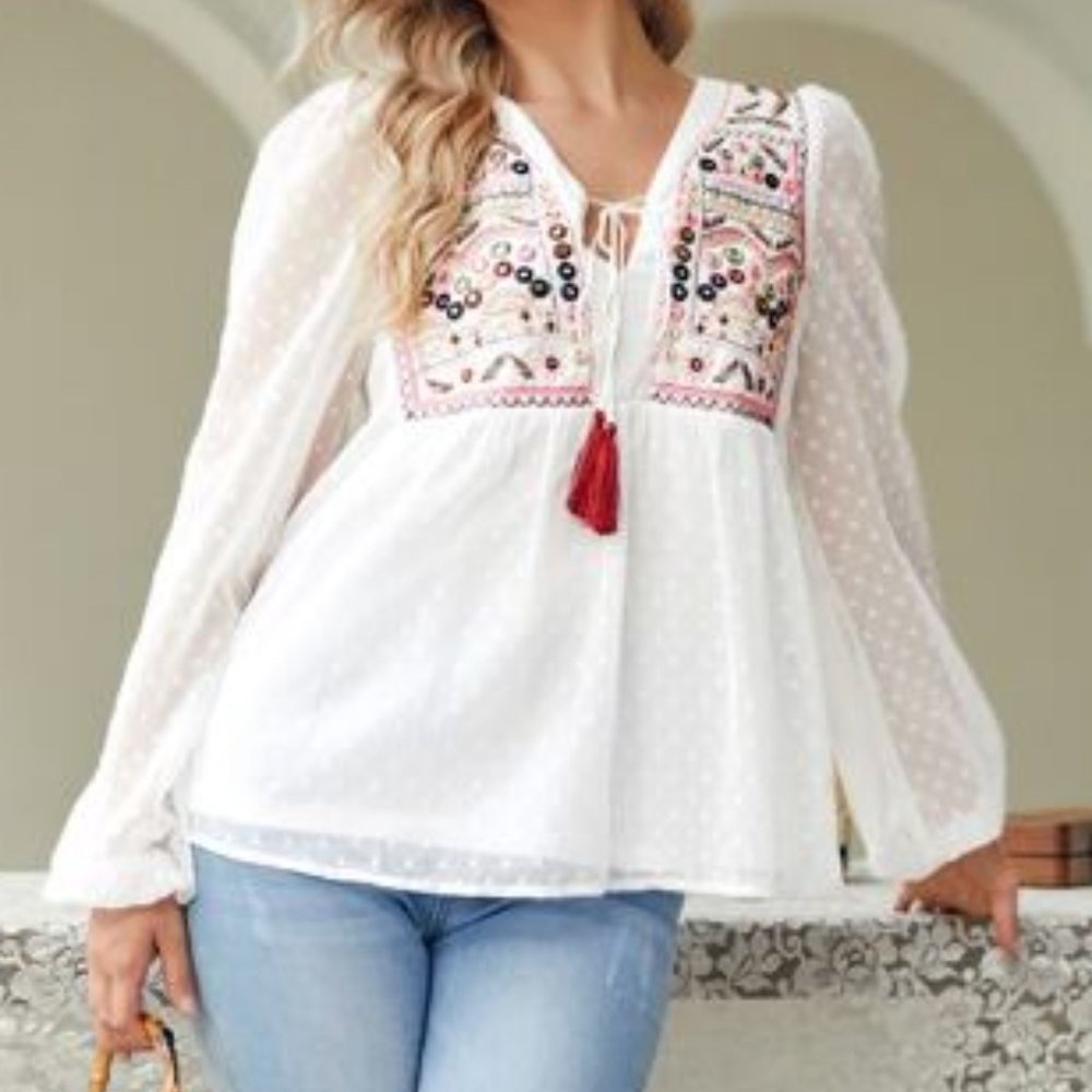 Embroidery Fringe Detail Peplum Blouse - Picture 5 of 6